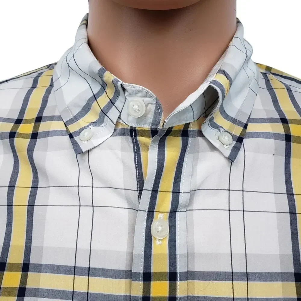 J. Crew NY Light Weight Shirt Slim Fit Men L Button Down White Yellow Navy Plaid